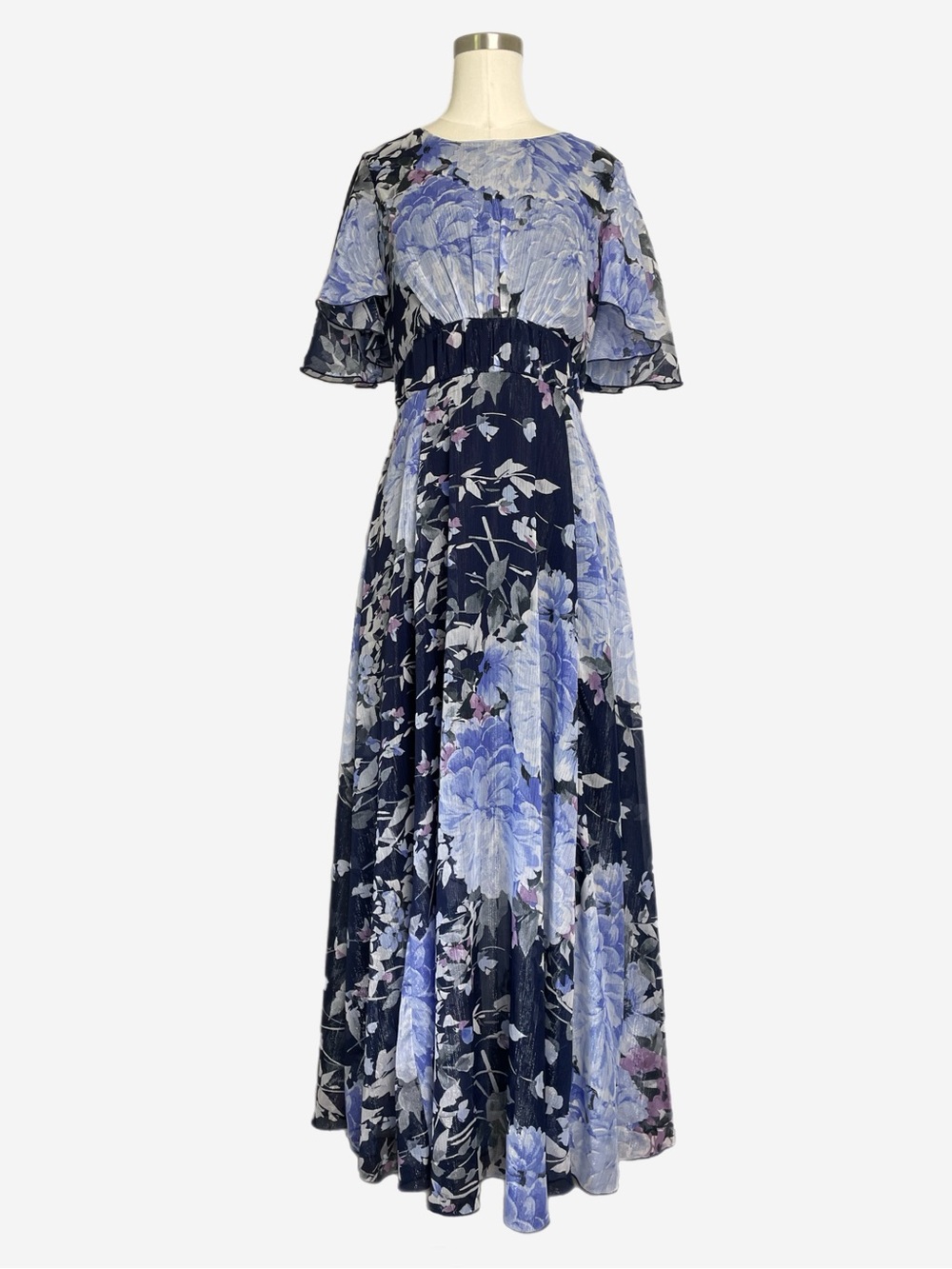 Alexa B Nites Blue purple floral cape flutter sleeve metallic maxi dress 8